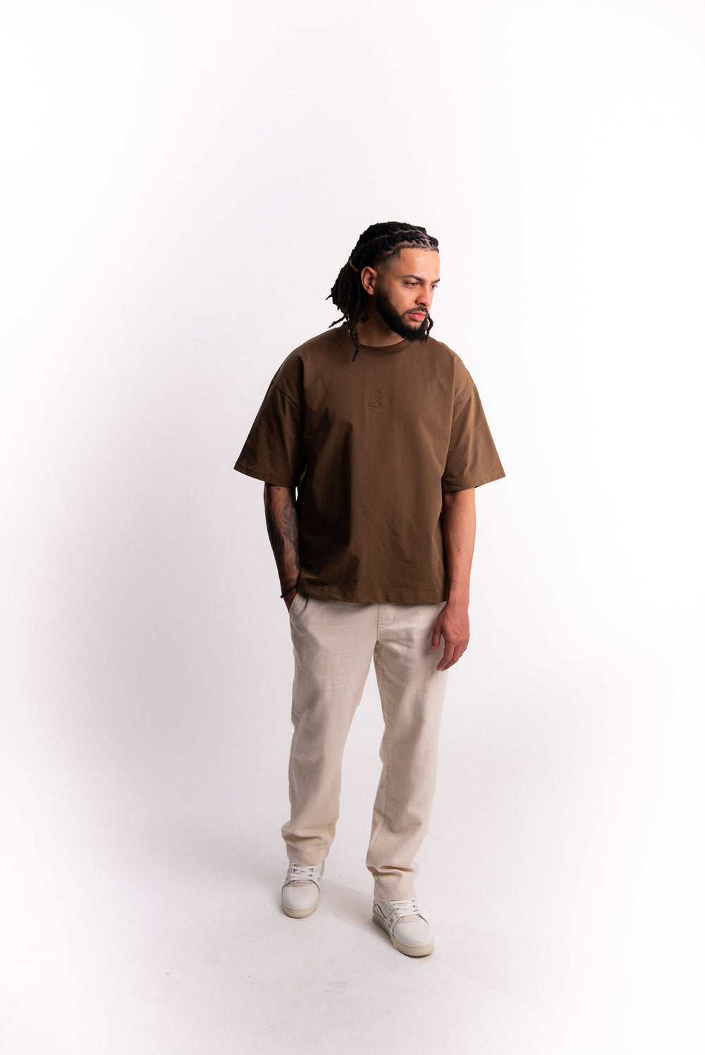 SILNTPLAY Embossed Tee in Claystone, tonal embossed SP monogram detail